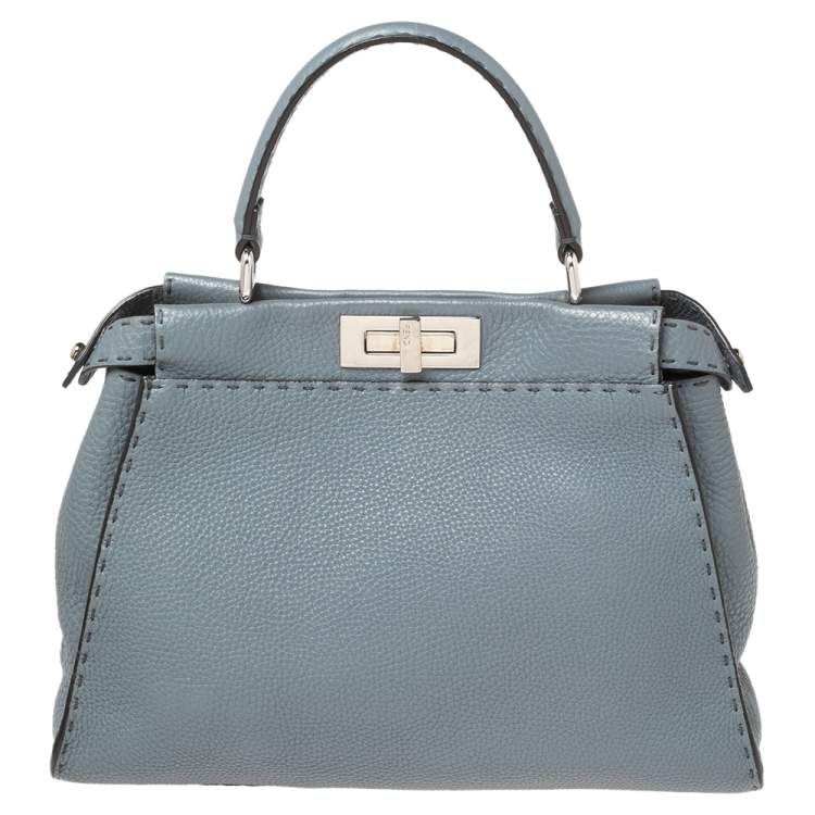 Pre Owned Fendi Stone Blue Selleria Leather Medium Peekaboo Top Handle Bag