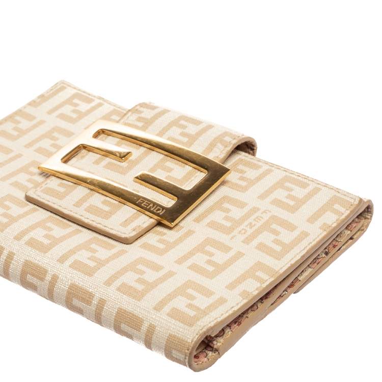 Pre Owned Fendi Cream Zucchino Coated Canvas FF Flap Compact Wallet