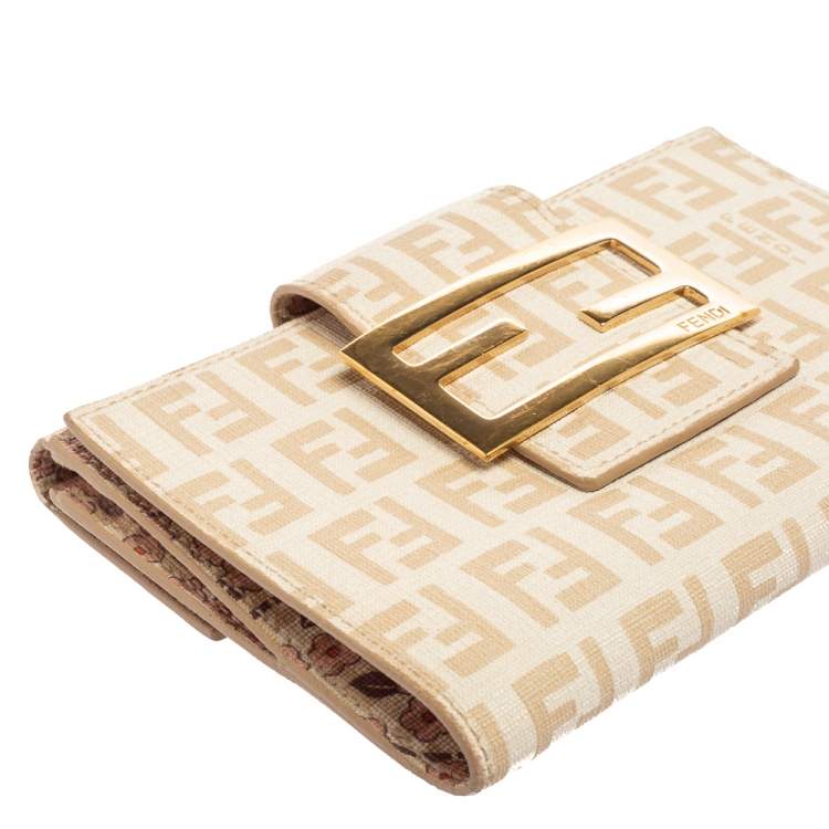 Pre Owned Fendi Cream Zucchino Coated Canvas FF Flap Compact Wallet
