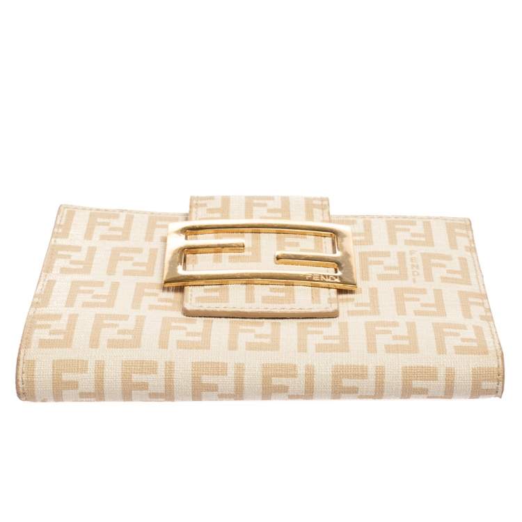 Pre Owned Fendi Cream Zucchino Coated Canvas FF Flap Compact Wallet