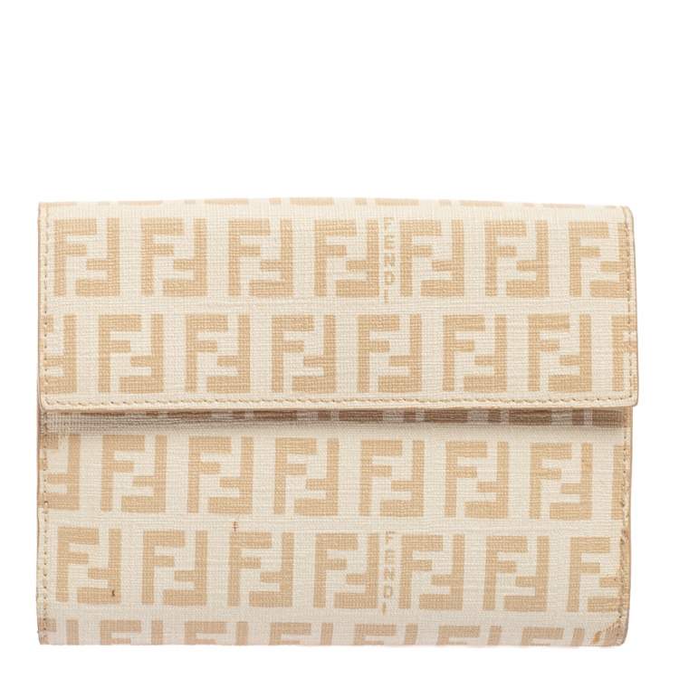 Pre Owned Fendi Cream Zucchino Coated Canvas FF Flap Compact Wallet