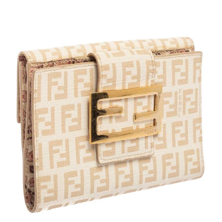 Pre Owned Fendi Cream Zucchino Coated Canvas FF Flap Compact Wallet