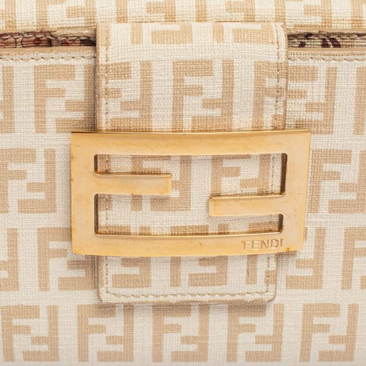 Pre Owned Fendi Cream Zucchino Coated Canvas FF Flap Compact Wallet
