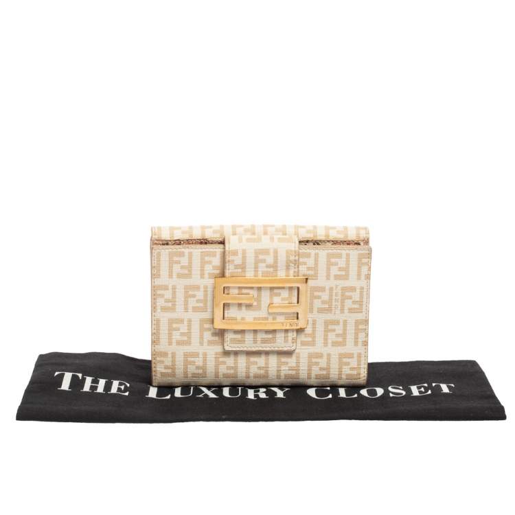 Pre Owned Fendi Cream Zucchino Coated Canvas FF Flap Compact Wallet