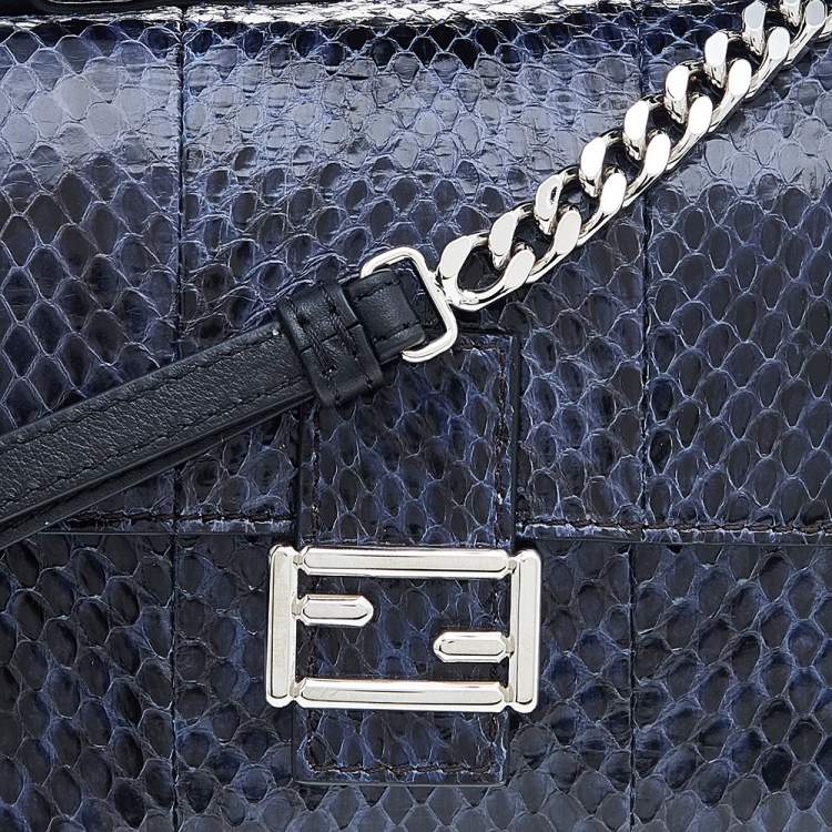 Pre Owned Fendi Blue/Black Python Leather And Fur Micro Baguette Shoulder Bag