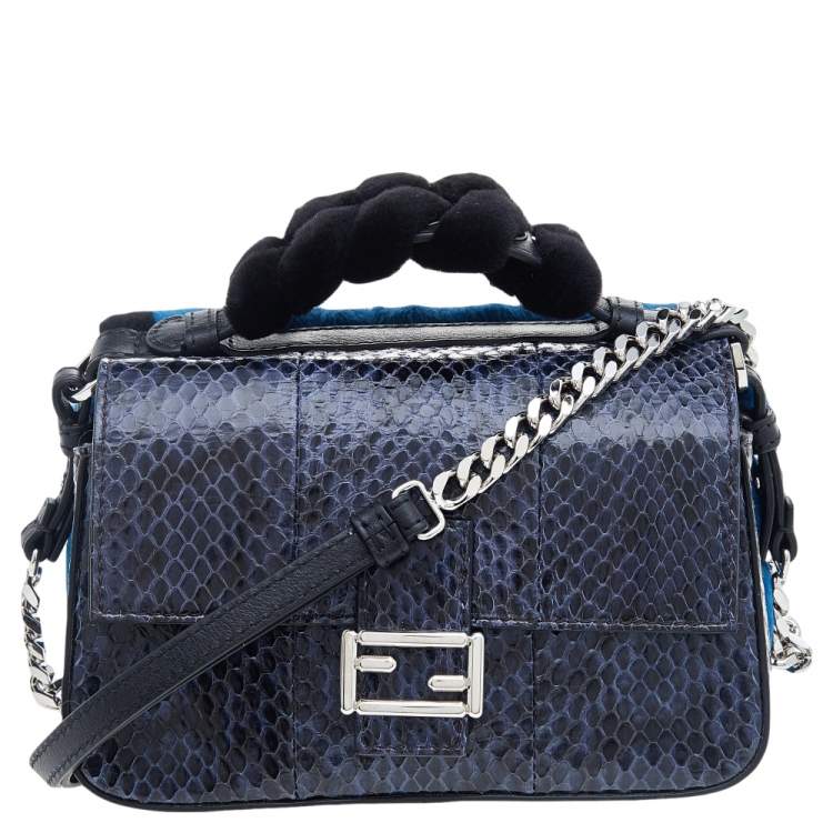 Pre Owned Fendi Blue/Black Python Leather And Fur Micro Baguette Shoulder Bag
