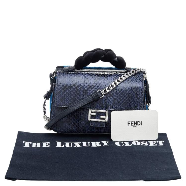 Pre Owned Fendi Blue/Black Python Leather And Fur Micro Baguette Shoulder Bag