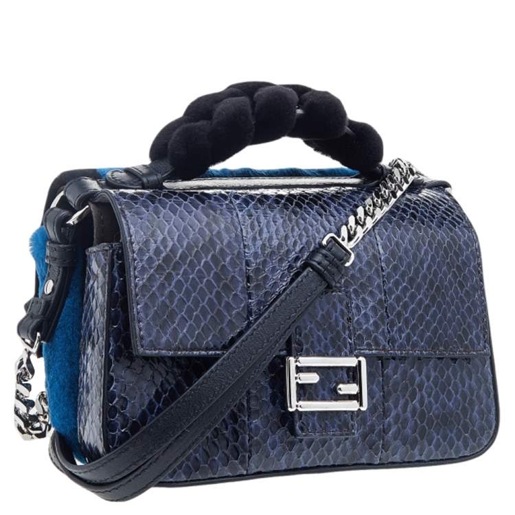 Pre Owned Fendi Blue/Black Python Leather And Fur Micro Baguette Shoulder Bag