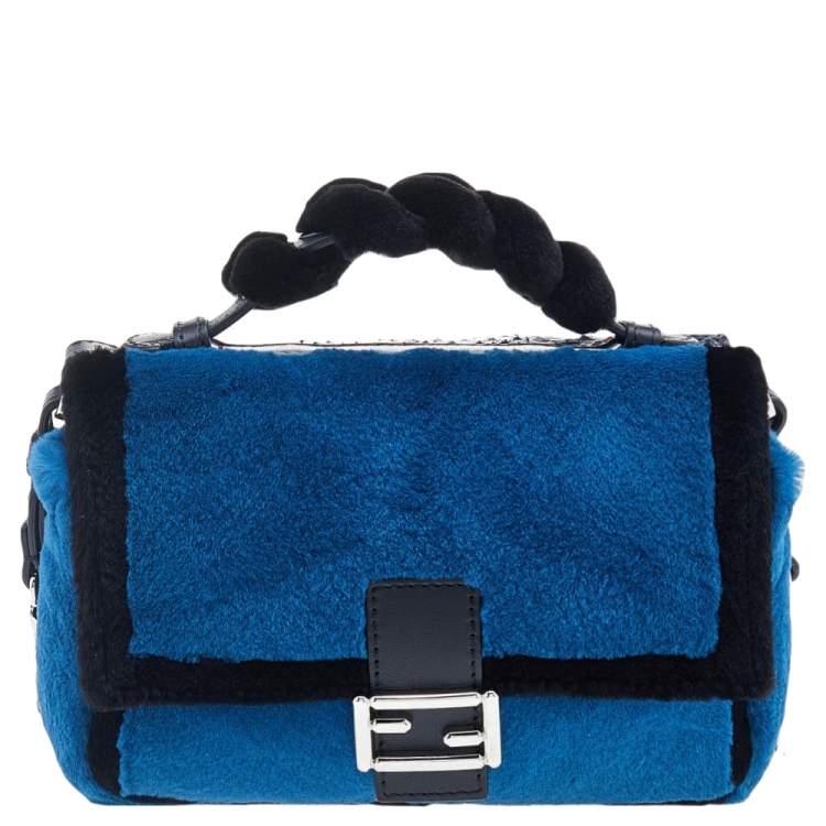 Pre Owned Fendi Blue/Black Python Leather And Fur Micro Baguette Shoulder Bag