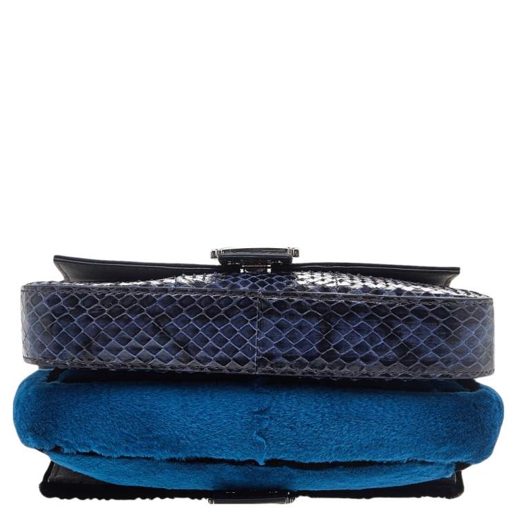 Pre Owned Fendi Blue/Black Python Leather And Fur Micro Baguette Shoulder Bag