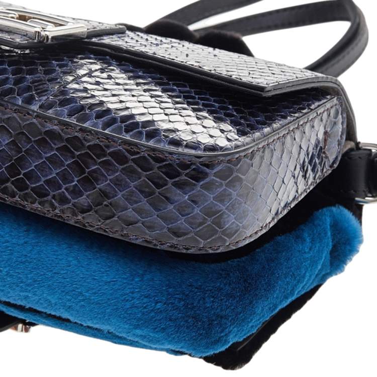 Pre Owned Fendi Blue/Black Python Leather And Fur Micro Baguette Shoulder Bag