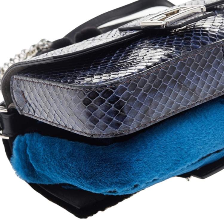 Pre Owned Fendi Blue/Black Python Leather And Fur Micro Baguette Shoulder Bag