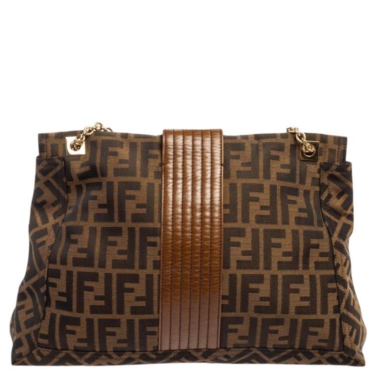 Pre Owned Fendi Tobacco Zucca Canvas And Leather Maxi Baguette Flap Shoulder Bag