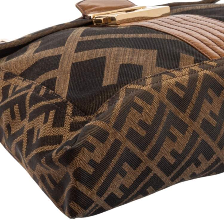 Pre Owned Fendi Tobacco Zucca Canvas And Leather Maxi Baguette Flap Shoulder Bag