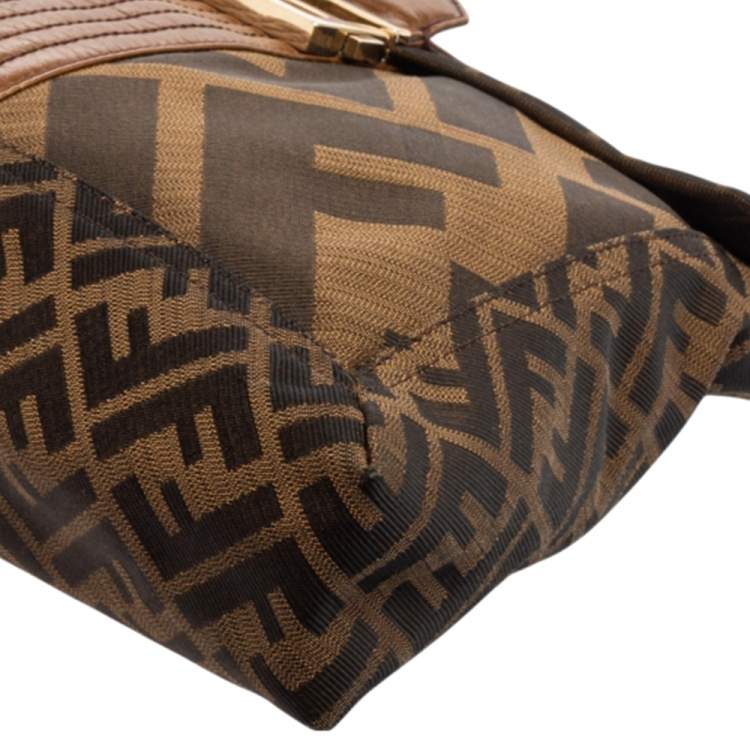Pre Owned Fendi Tobacco Zucca Canvas And Leather Maxi Baguette Flap Shoulder Bag