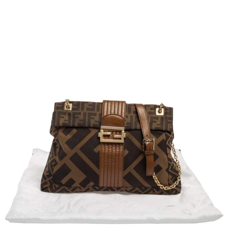Pre Owned Fendi Tobacco Zucca Canvas And Leather Maxi Baguette Flap Shoulder Bag