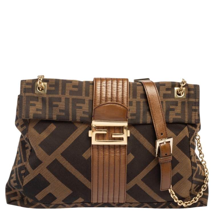 Pre Owned Fendi Tobacco Zucca Canvas And Leather Maxi Baguette Flap Shoulder Bag