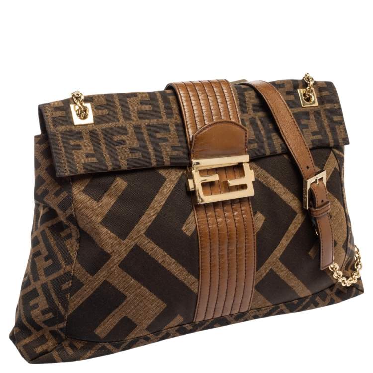Pre Owned Fendi Tobacco Zucca Canvas And Leather Maxi Baguette Flap Shoulder Bag