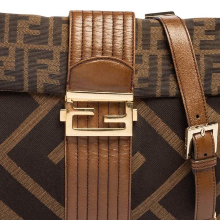 Pre Owned Fendi Tobacco Zucca Canvas And Leather Maxi Baguette Flap Shoulder Bag