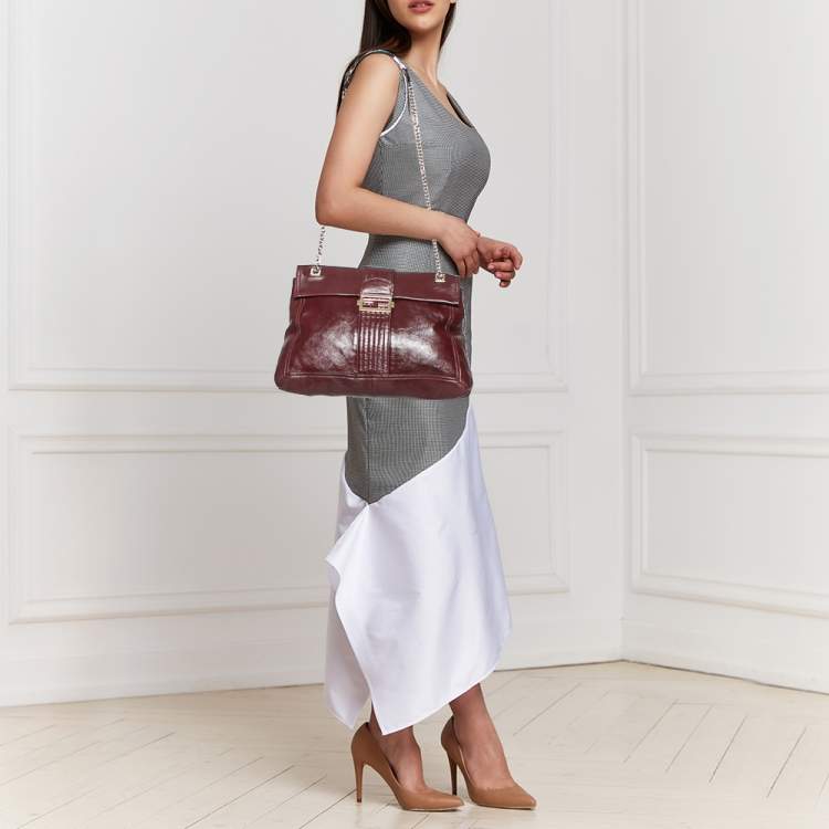 Pre Owned Fendi Dark Red Leather Maxi Baguette Flap Shoulder Bag