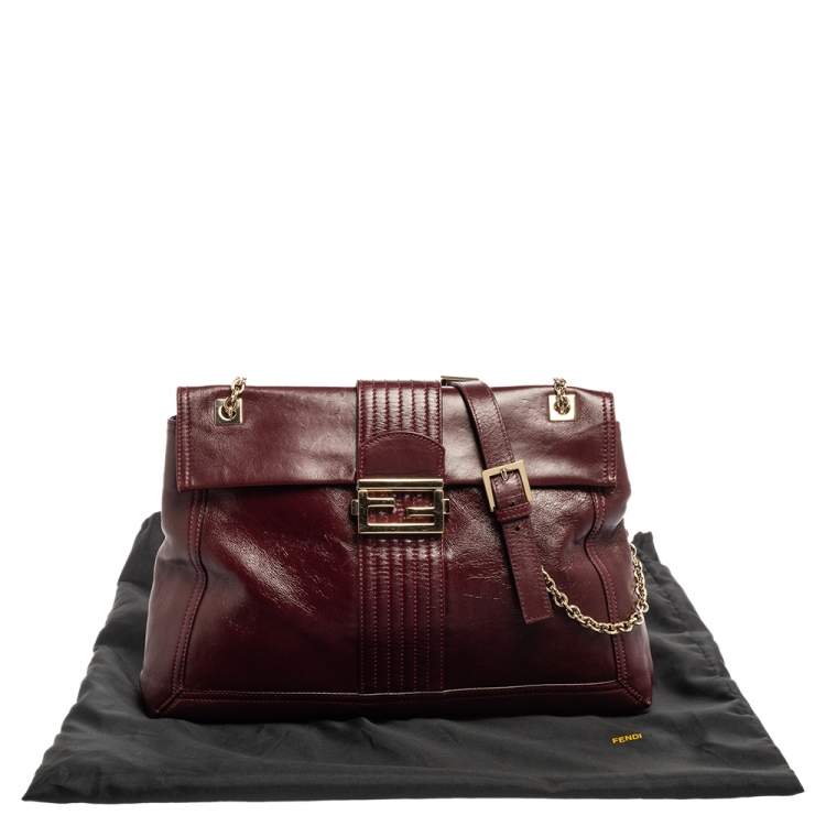 Pre Owned Fendi Dark Red Leather Maxi Baguette Flap Shoulder Bag