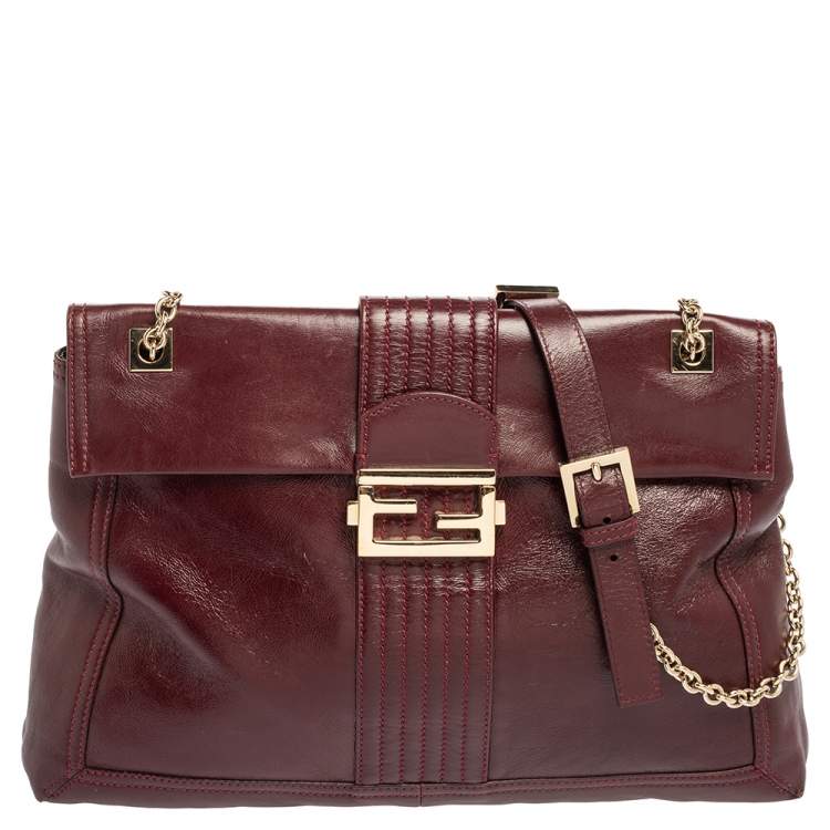 Pre Owned Fendi Dark Red Leather Maxi Baguette Flap Shoulder Bag