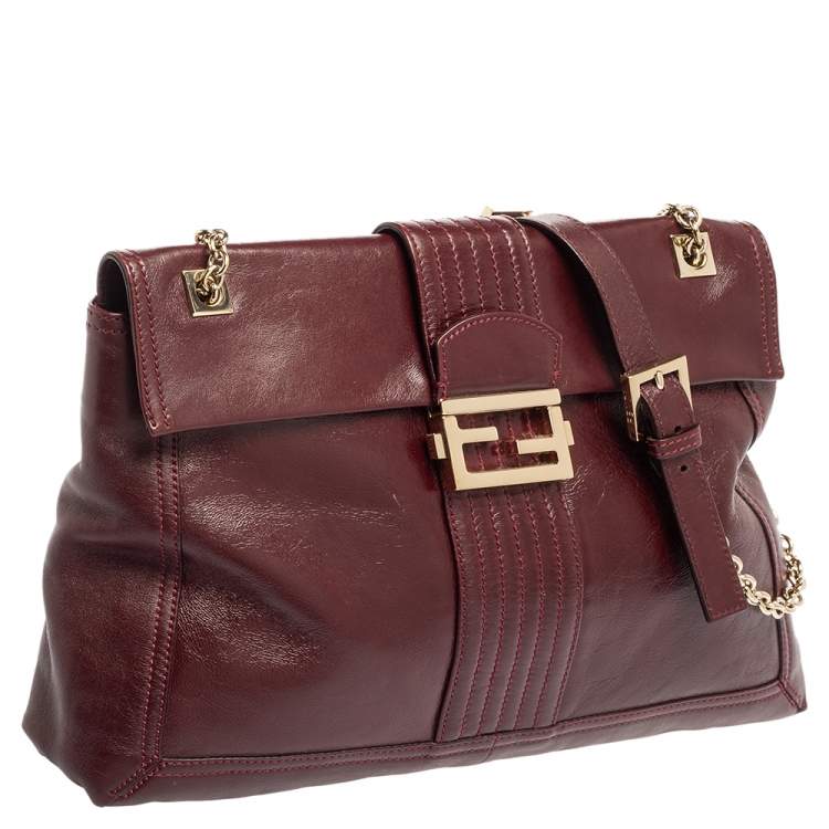 Pre Owned Fendi Dark Red Leather Maxi Baguette Flap Shoulder Bag