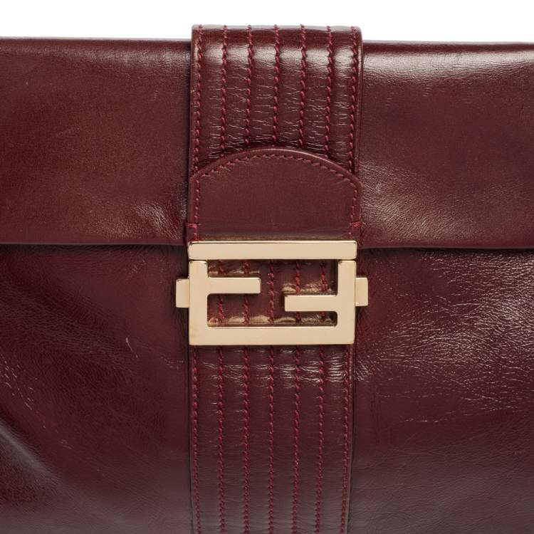 Pre Owned Fendi Dark Red Leather Maxi Baguette Flap Shoulder Bag