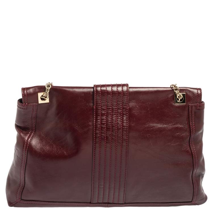 Pre Owned Fendi Dark Red Leather Maxi Baguette Flap Shoulder Bag
