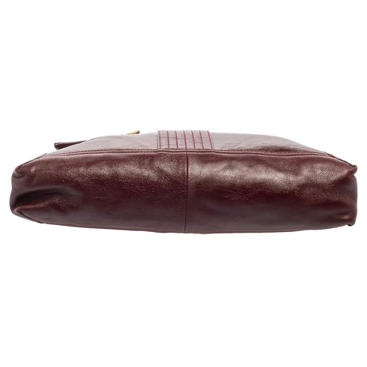 Pre Owned Fendi Dark Red Leather Maxi Baguette Flap Shoulder Bag
