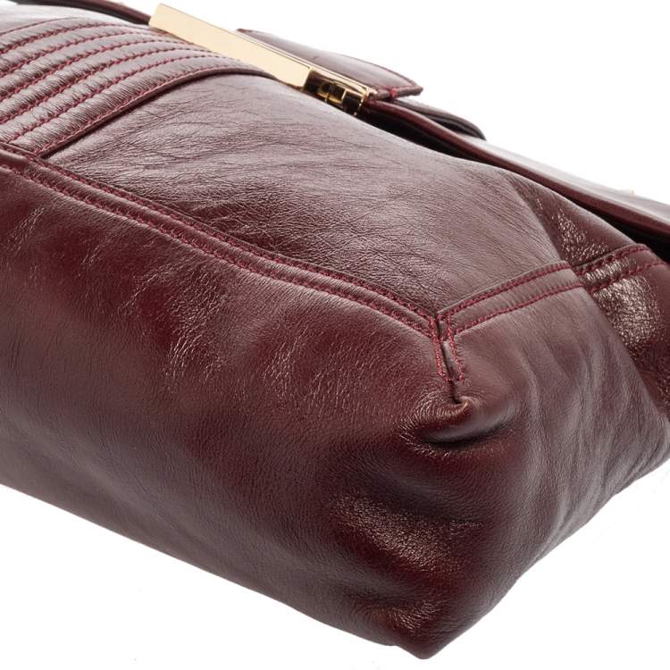 Pre Owned Fendi Dark Red Leather Maxi Baguette Flap Shoulder Bag