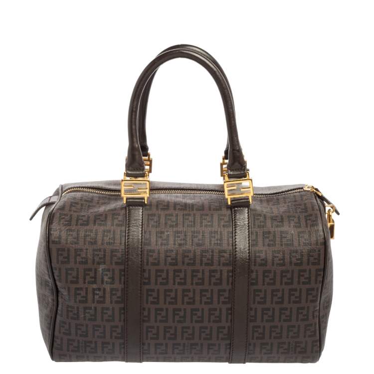 Pre Owned Fendi Brown Zucchino Coated Canvas and Leather Forever Bauletto Boston Bag