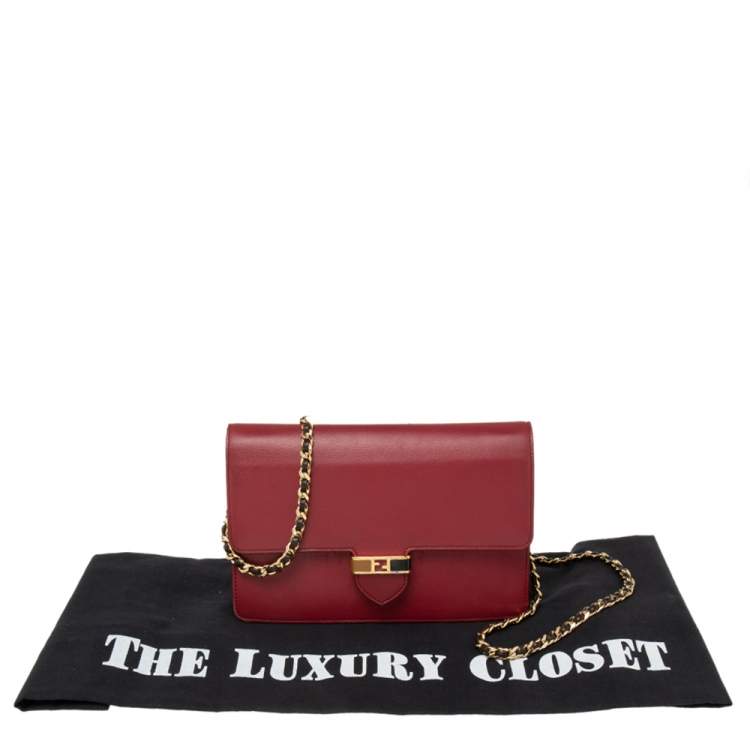 Pre Owned Fendi Burgundy Leather Wallet On Chain 