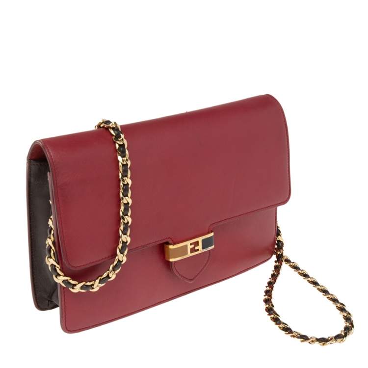 Pre Owned Fendi Burgundy Leather Wallet On Chain 