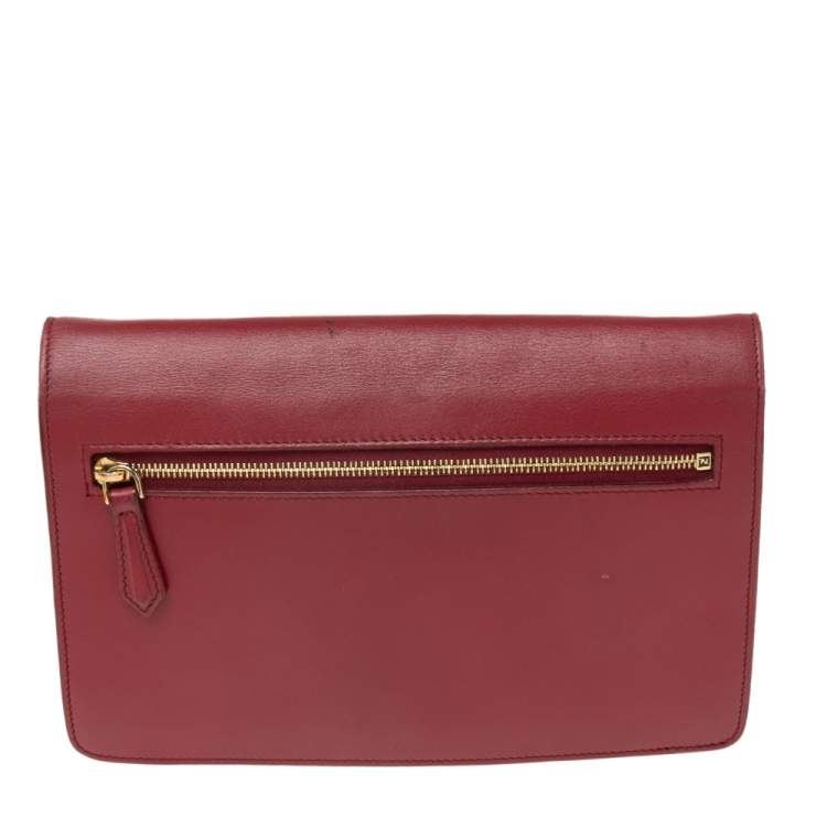 Pre Owned Fendi Burgundy Leather Wallet On Chain 