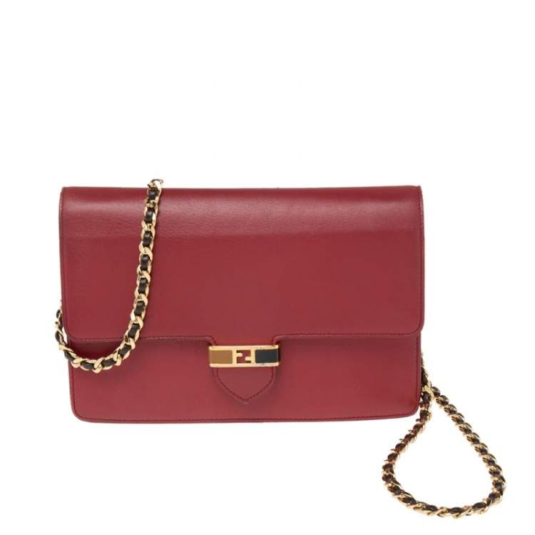 Pre Owned Fendi Burgundy Leather Wallet On Chain 