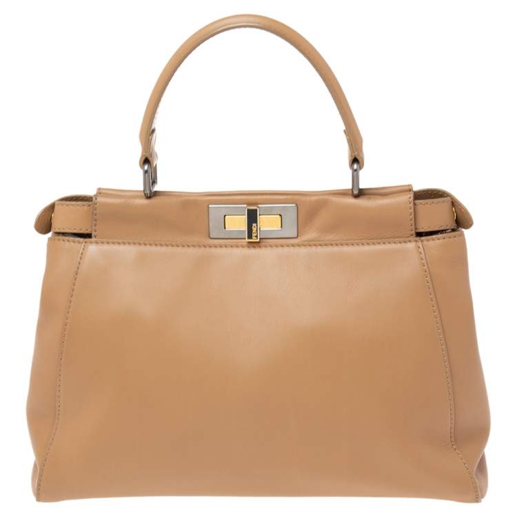 Pre Owned Fendi Beige Leather Medium Peekaboo Top Handle Bag