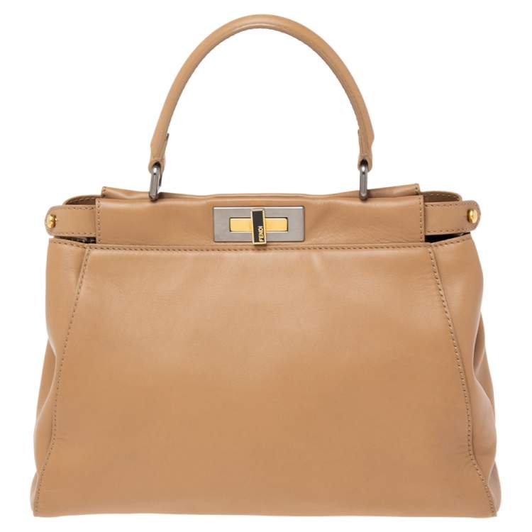 Pre Owned Fendi Beige Leather Medium Peekaboo Top Handle Bag
