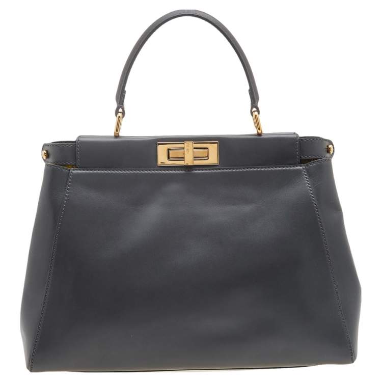 Pre Owned Fendi Grey Leather Medium Peekaboo Top Handle Bag