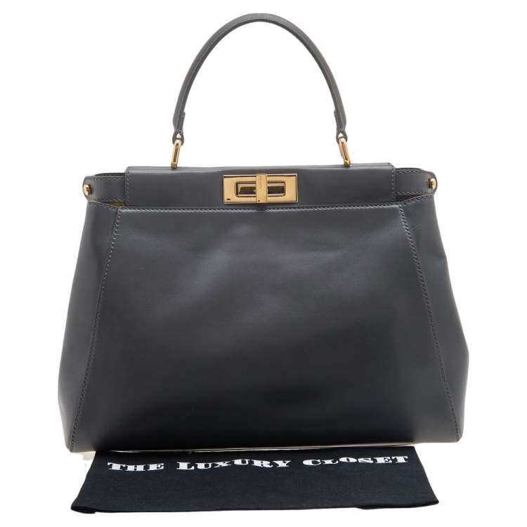 Pre Owned Fendi Grey Leather Medium Peekaboo Top Handle Bag