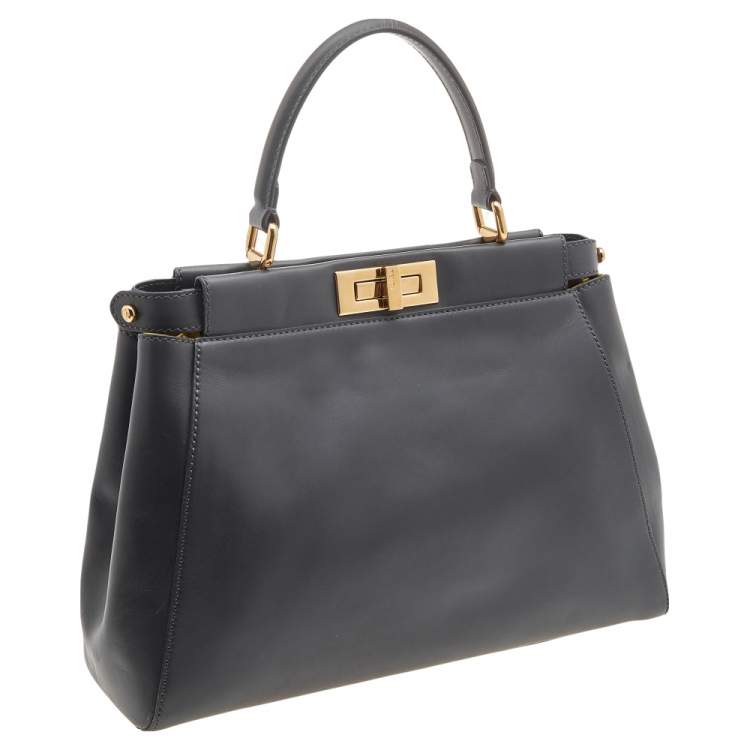 Pre Owned Fendi Grey Leather Medium Peekaboo Top Handle Bag