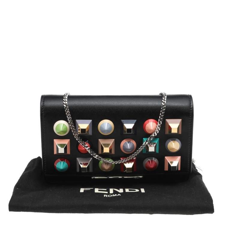 Pre Owned Fendi Black Leather Rainbow Stud Tube Wallet On Chain