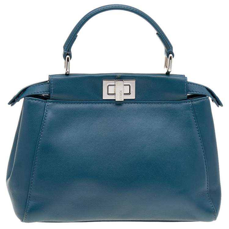 Pre Owned Fendi Blue Leather Mini Peekaboo Top Handle Bag