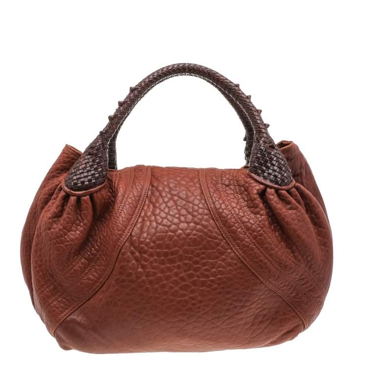 Pre Owned Fendi Brown Textured Leather Braided Handle Spy Hobo