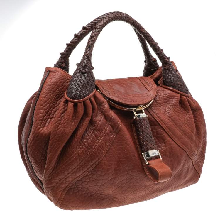Pre Owned Fendi Brown Textured Leather Braided Handle Spy Hobo