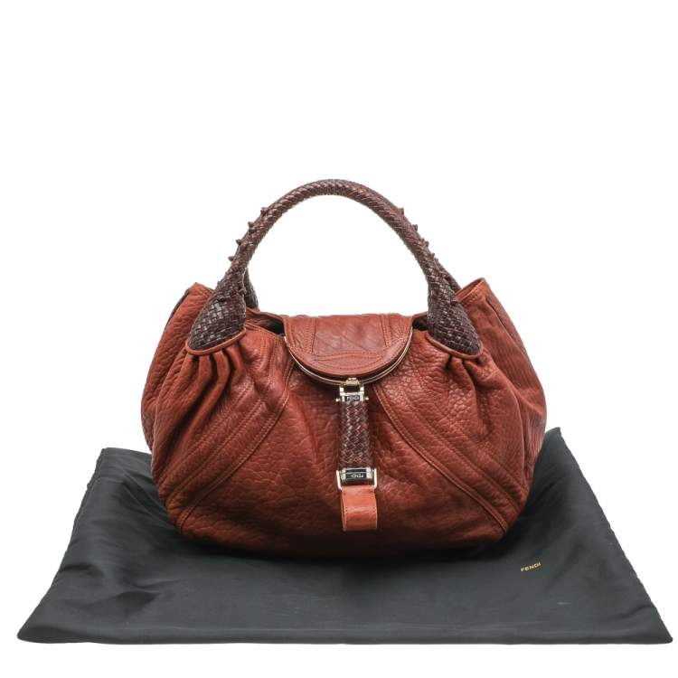 Pre Owned Fendi Brown Textured Leather Braided Handle Spy Hobo
