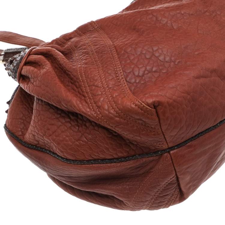 Pre Owned Fendi Brown Textured Leather Braided Handle Spy Hobo
