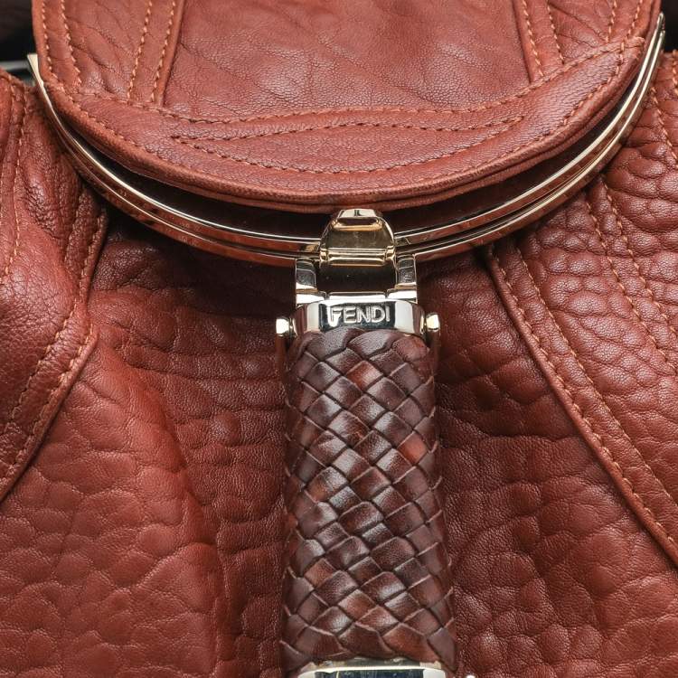 Pre Owned Fendi Brown Textured Leather Braided Handle Spy Hobo