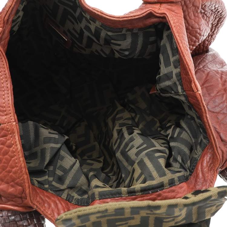 Pre Owned Fendi Brown Textured Leather Braided Handle Spy Hobo