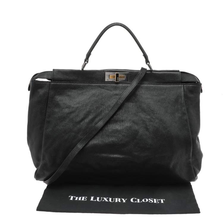 Pre Owned Fendi Black Leather Large Peekaboo Top Handle Bag
